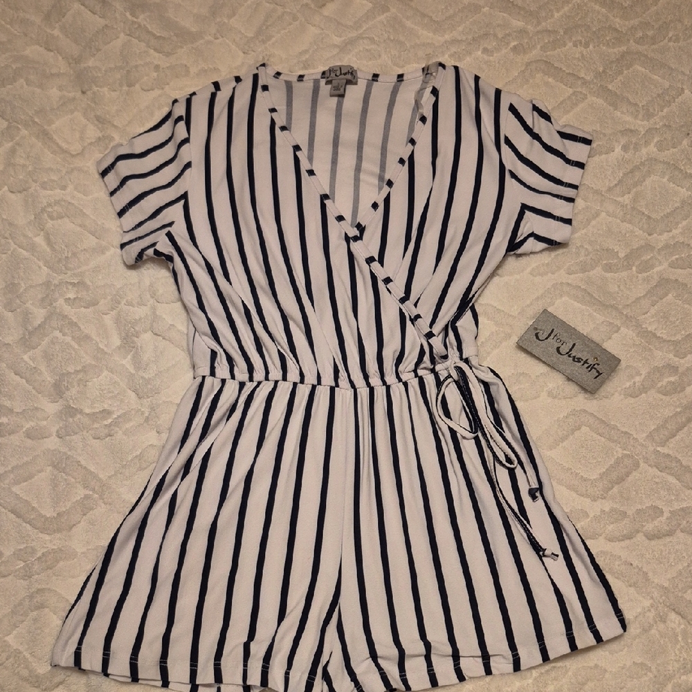 J for Justify Black and White Striped Romper